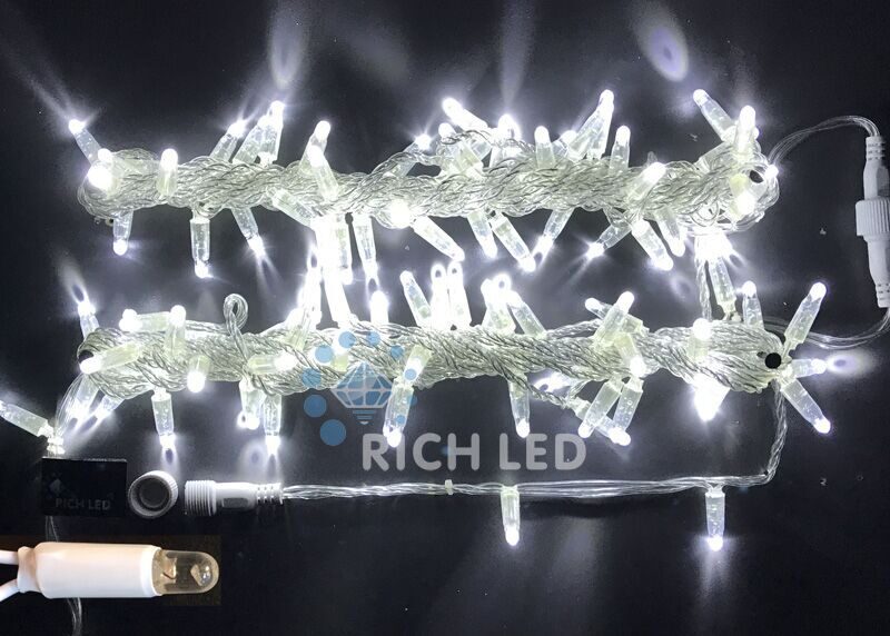 Светодиодная гирлянда Rich LED 10 м, IP65, 220В, белая, прозрачный провод, статичное освещение